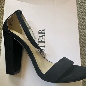 Black dress heel sandal with ankle strap and open toe with block heel